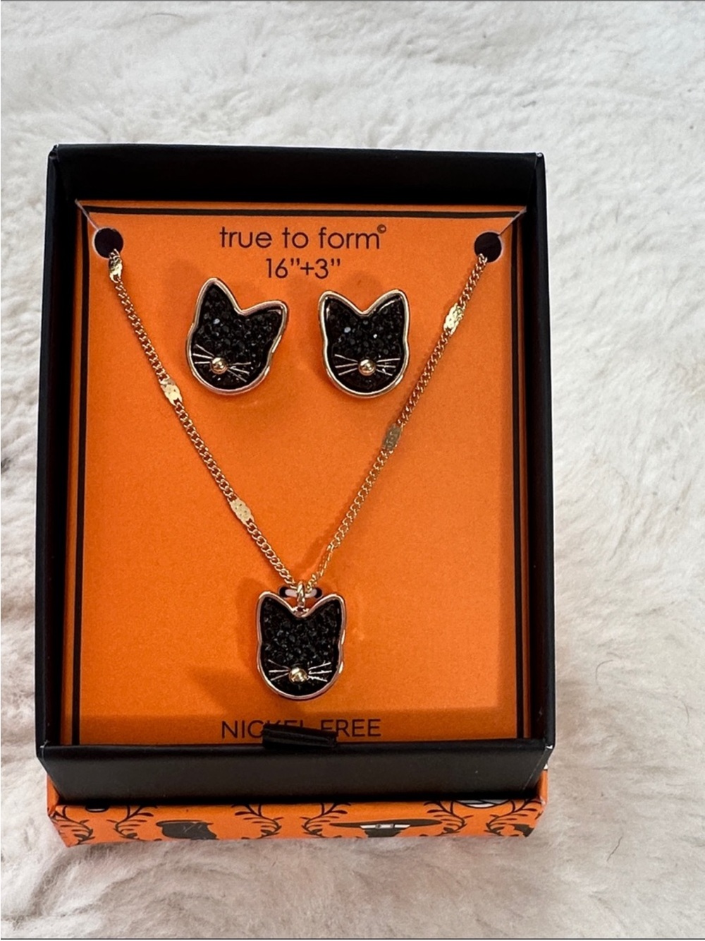 True to Form Black Cat Pendant Necklace & Stud Earrings Set w/Black Crystals